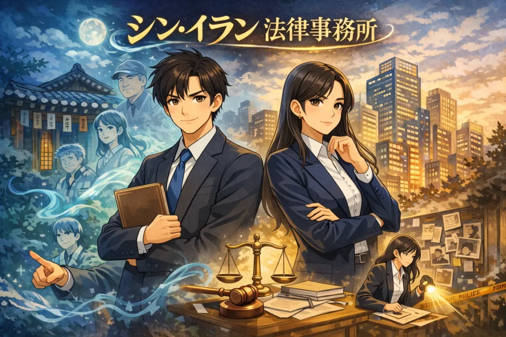 シン・イラン法律事務所のあらすじの見出しのイメージ。2人の弁護士と幽霊がいる様子
